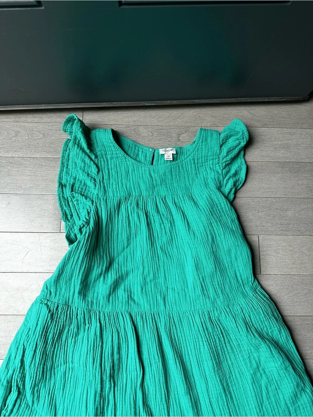 Womens J Crew Green Tiered Ruffle Linen Blend Ruffled Sleeve Summer Office Dress